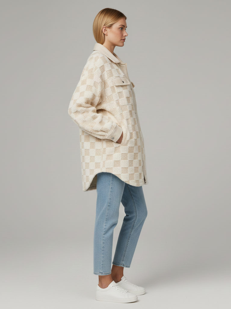 Cream Checkered Fleece Jacket