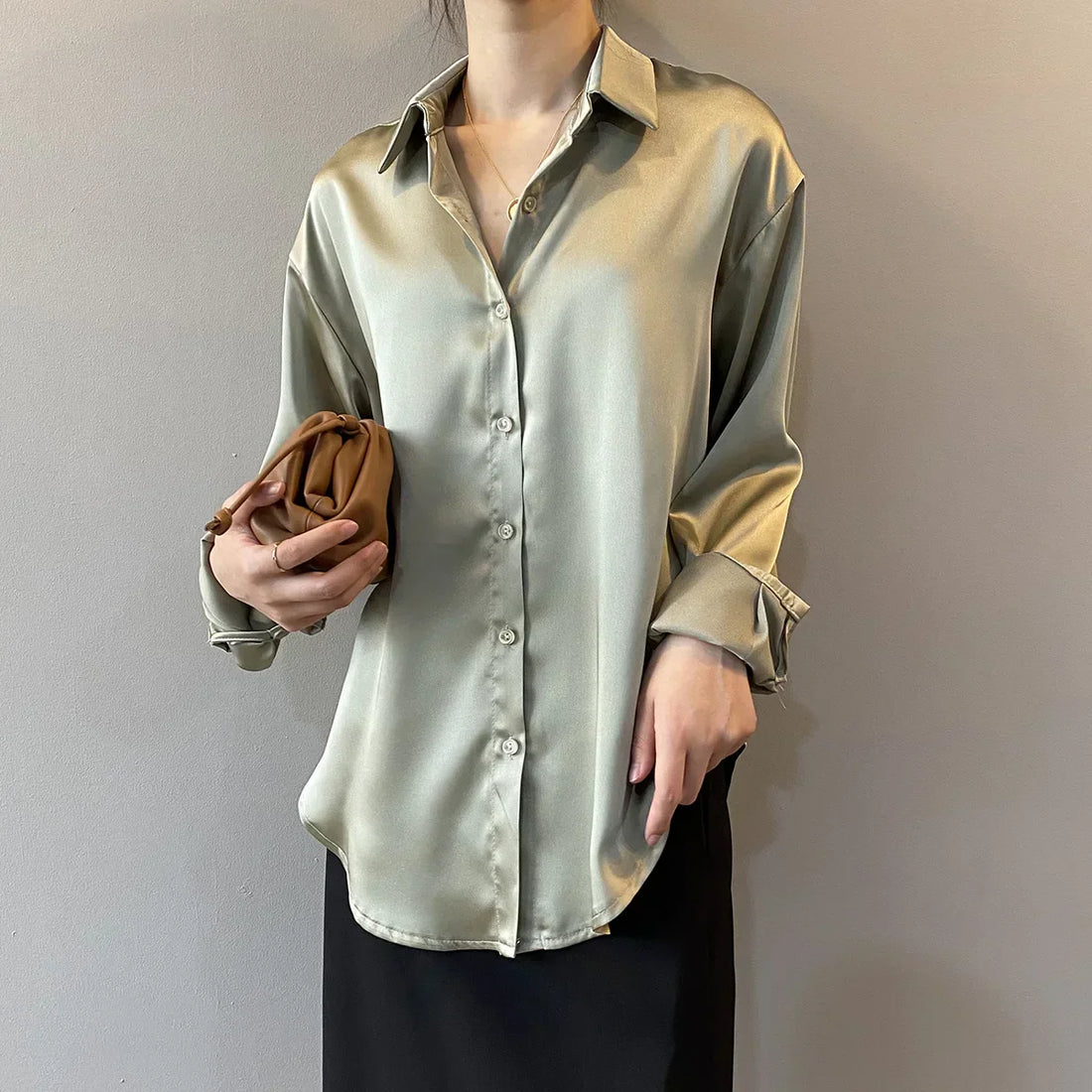 Classic Button Front Long Sleeve Satin Shirt