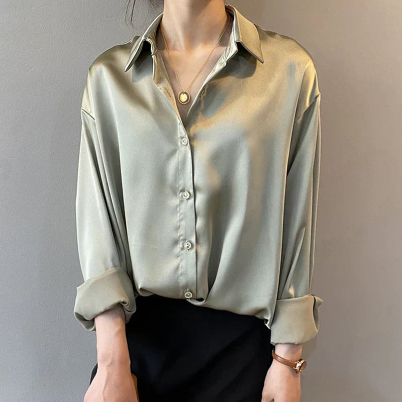Classic Button Front Long Sleeve Satin Shirt