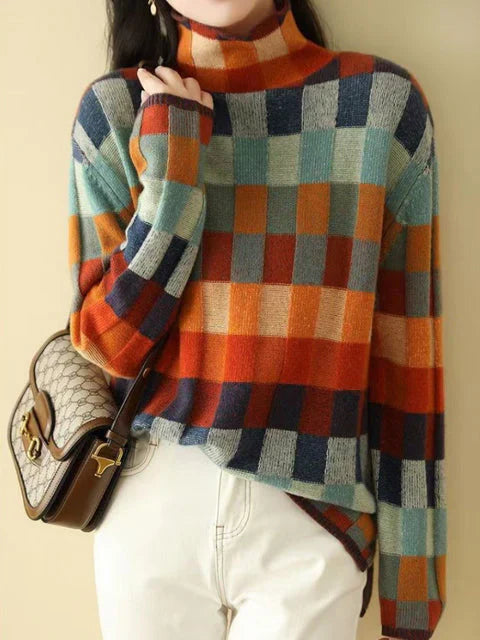 Colorblock Plaid Turtleneck Knit Sweater