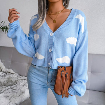 Cropped Cloud Pattern Knit Sweater