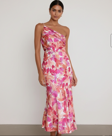 One Shoulder Floral Bias Midi Dress