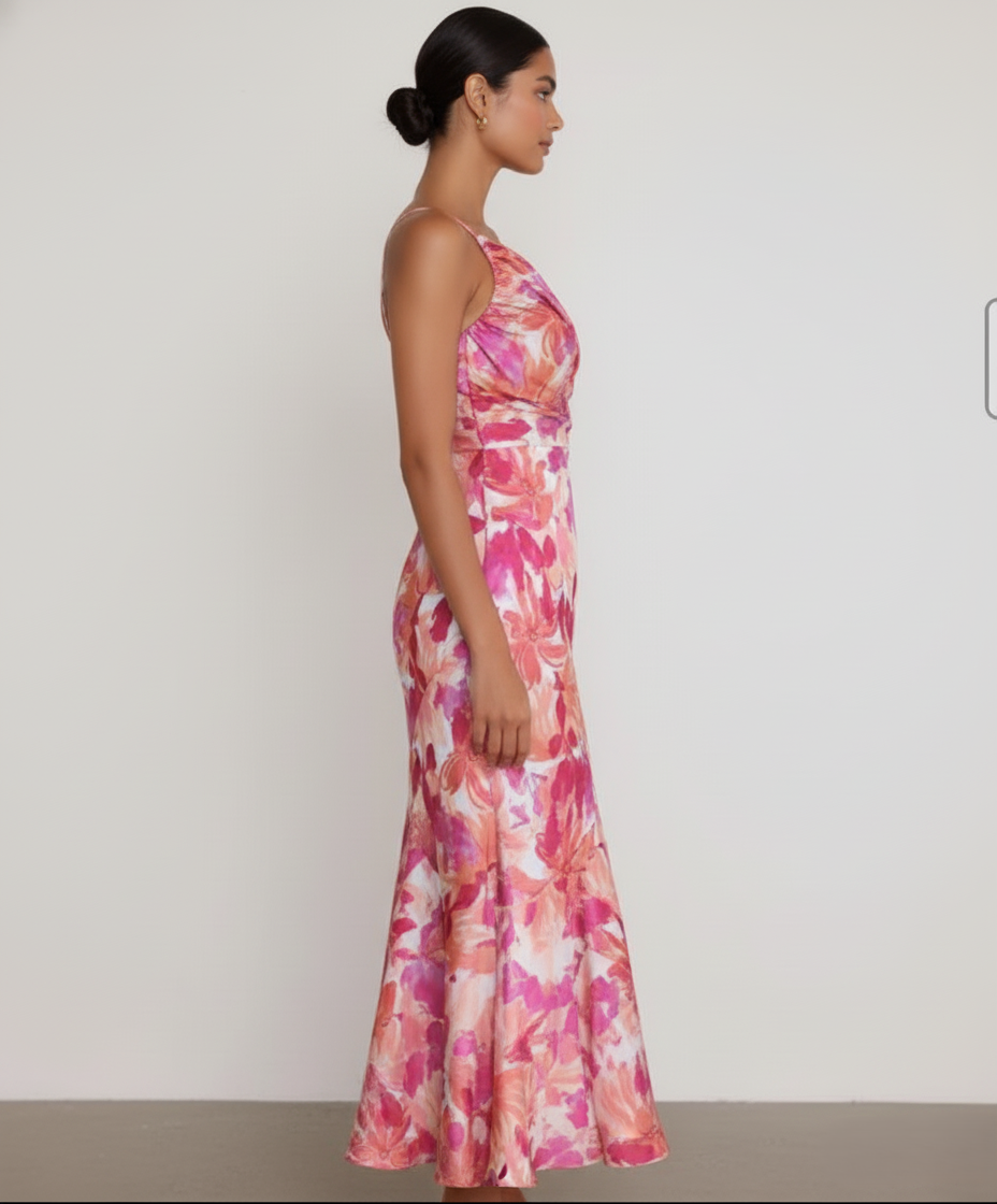 One Shoulder Floral Bias Midi Dress