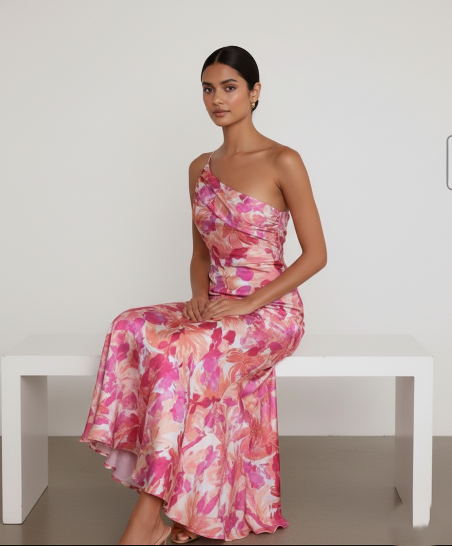 One Shoulder Floral Bias Midi Dress