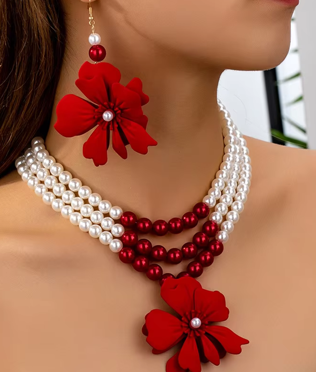 Red Bloom Pearl Layered Jewelry Set