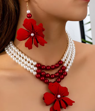 Red Bloom Pearl Layered Jewelry Set