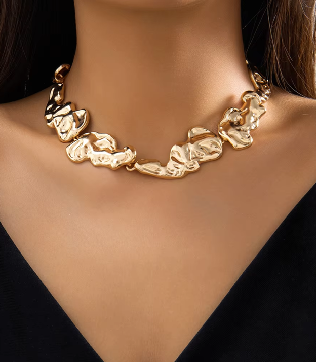 Sculpted Gold Metal Choker Necklace