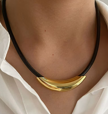 Gold Tube Leather Rope Choker Necklace