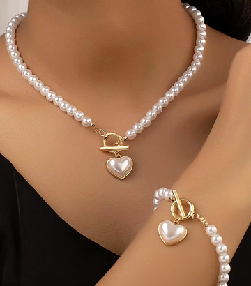 Pearl Heart Charm Jewelry Set