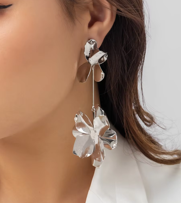 Silver & Gold Petal Bloom Drop Earrings