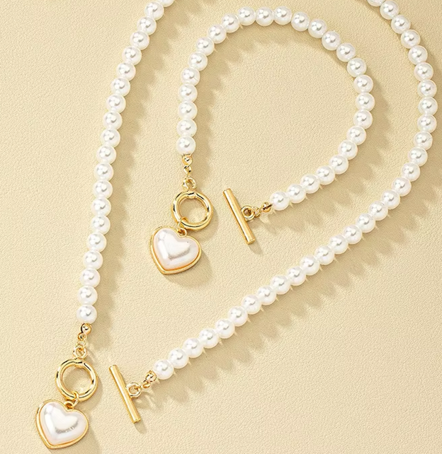 Pearl Heart Charm Jewelry Set