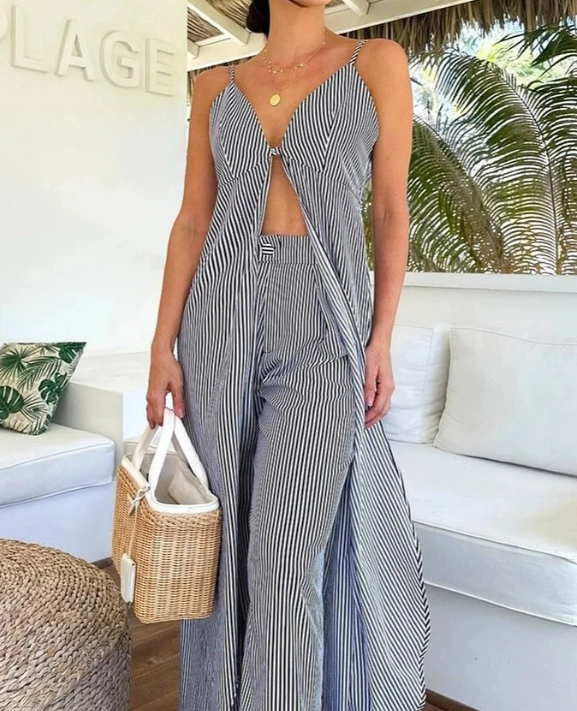 Classic Striped Top and Wide-Leg Pants Set