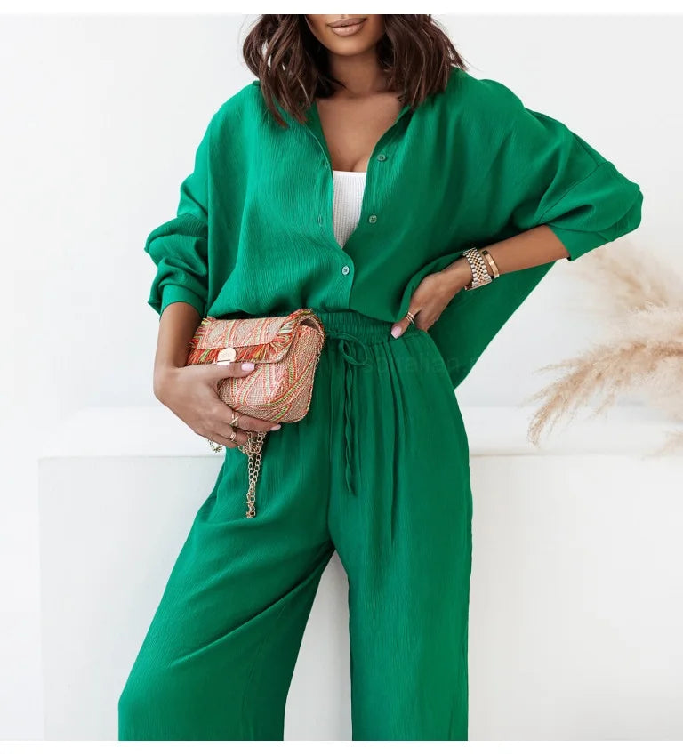 Linen Long Sleeve Shirt and Drawstring Trousers Set
