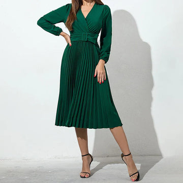 Belted Pleated Long Sleeve Midi