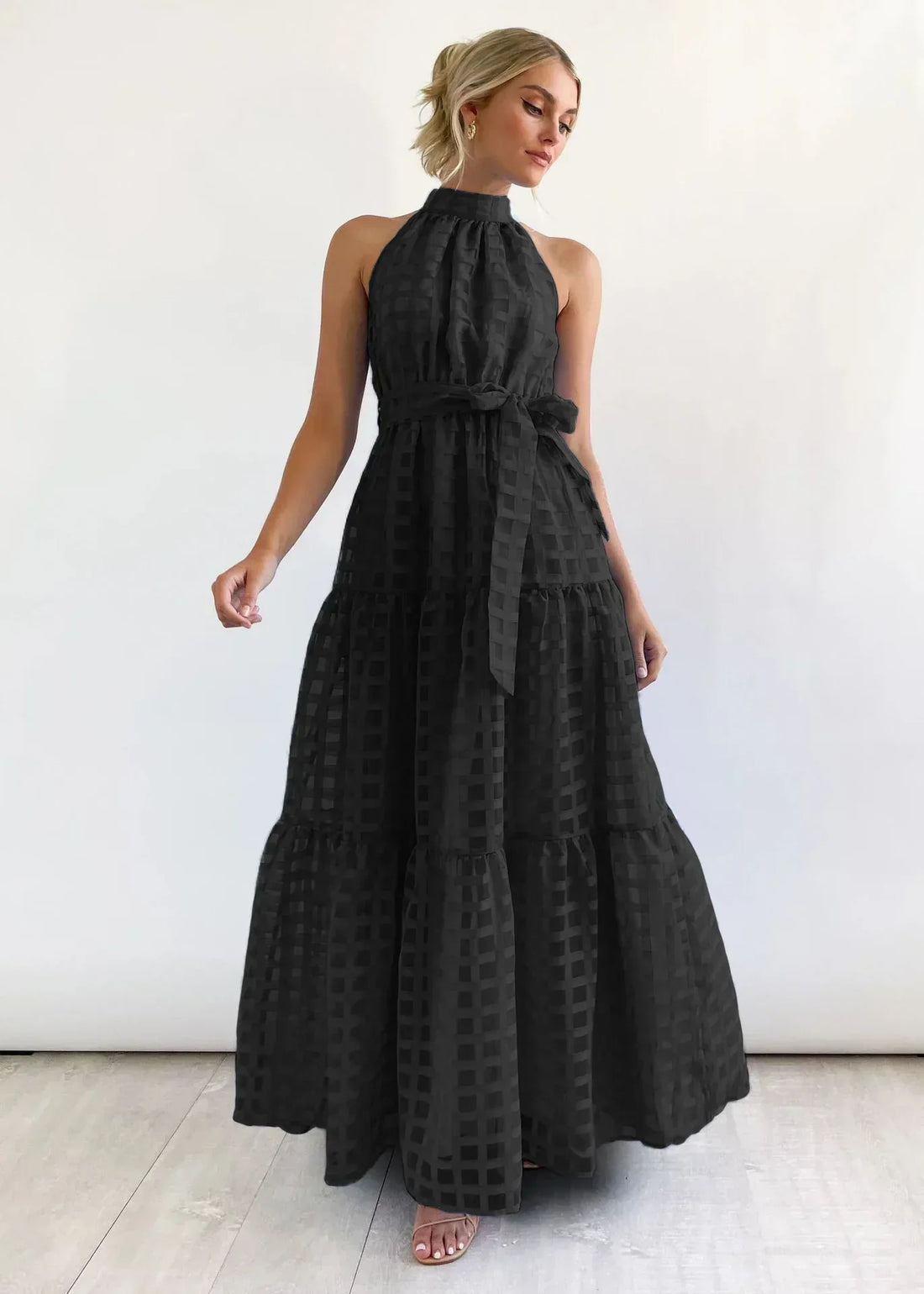 Textured Halter Tiered Maxi Dress