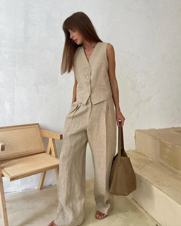 Sleeveless Linen Vest and High-Waisted Trousers Set