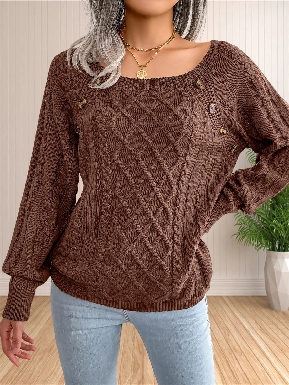 Cable Knit Button Detail Sweater