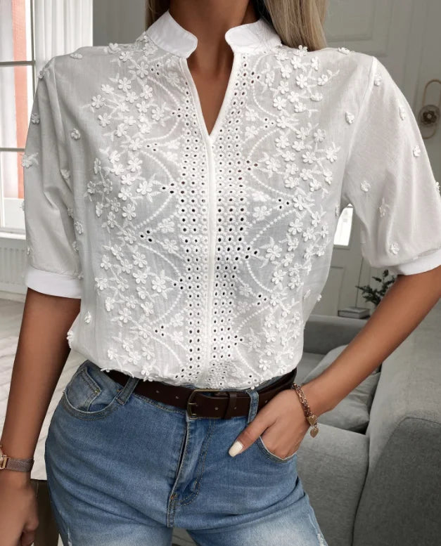 Embroidered Floral Short Sleeve Blouse
