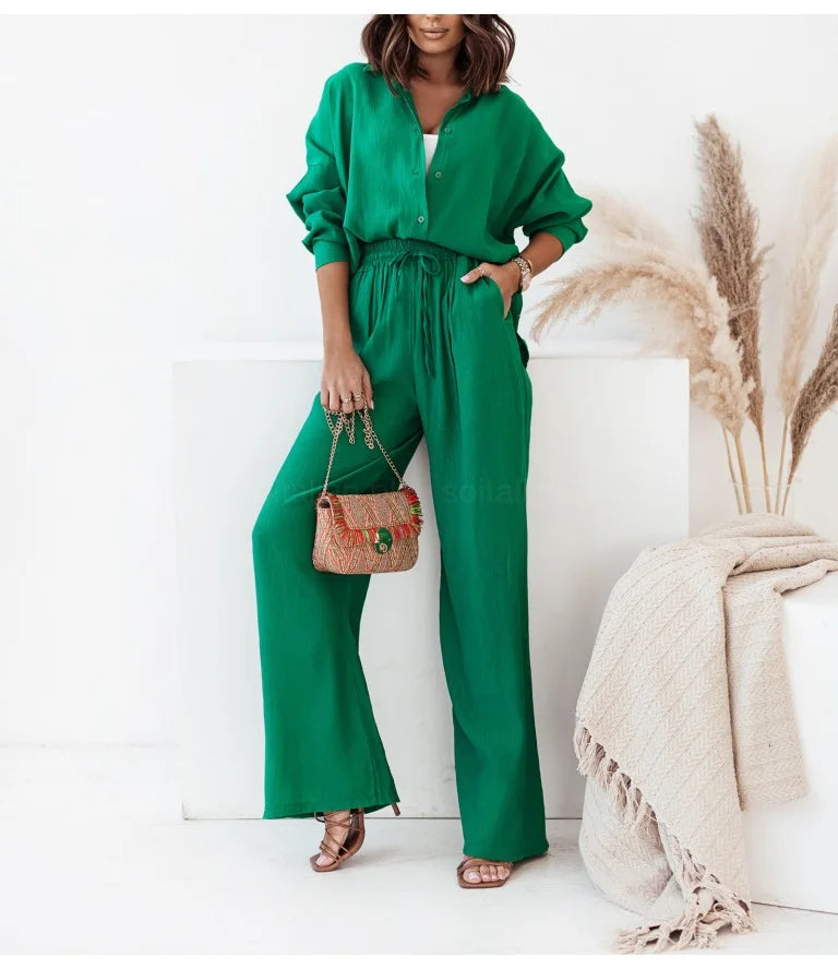 Linen Long Sleeve Shirt and Drawstring Trousers Set