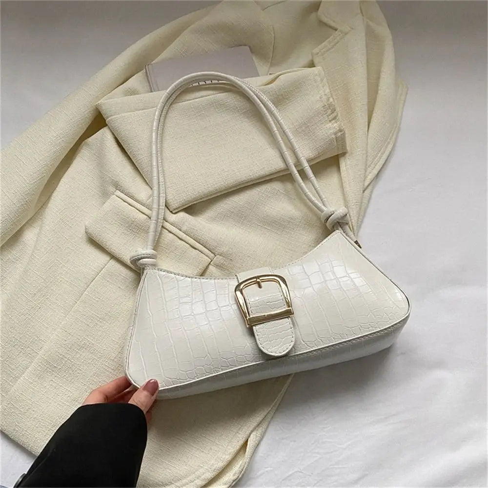 Croc-Effect Buckle Shoulder Bag