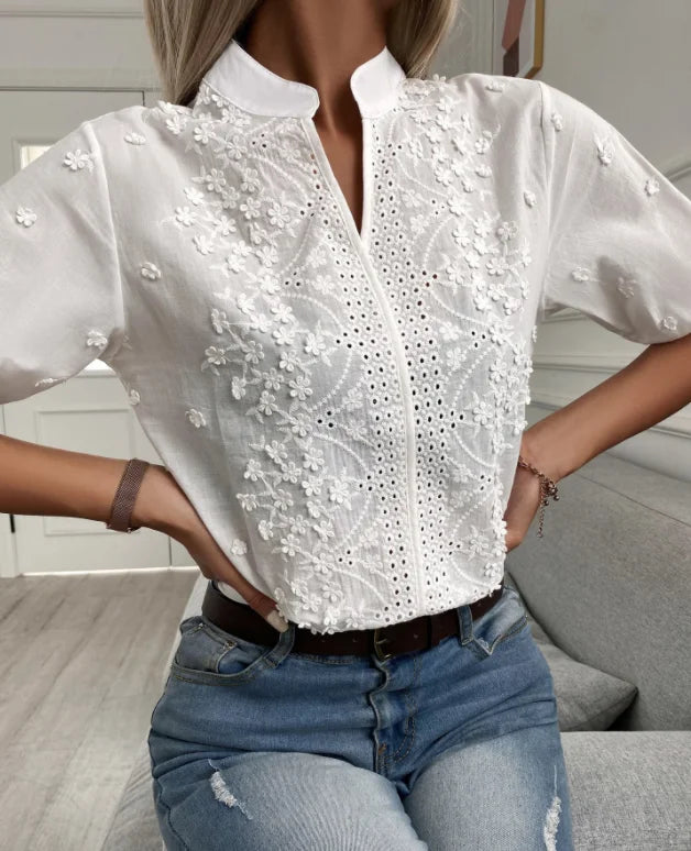 Embroidered Floral Short Sleeve Blouse
