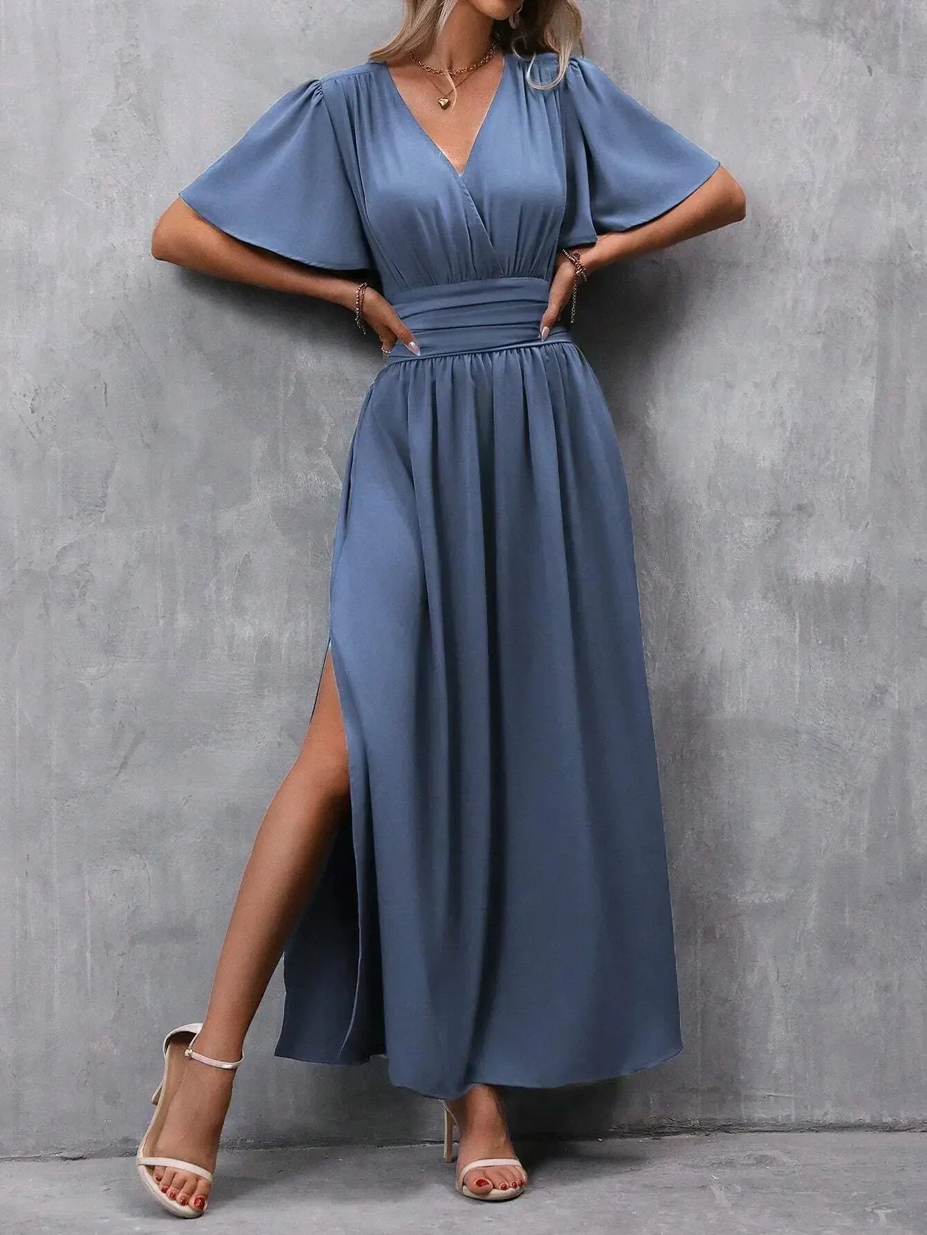 Flutter Sleeve Slit Maxi Dress
