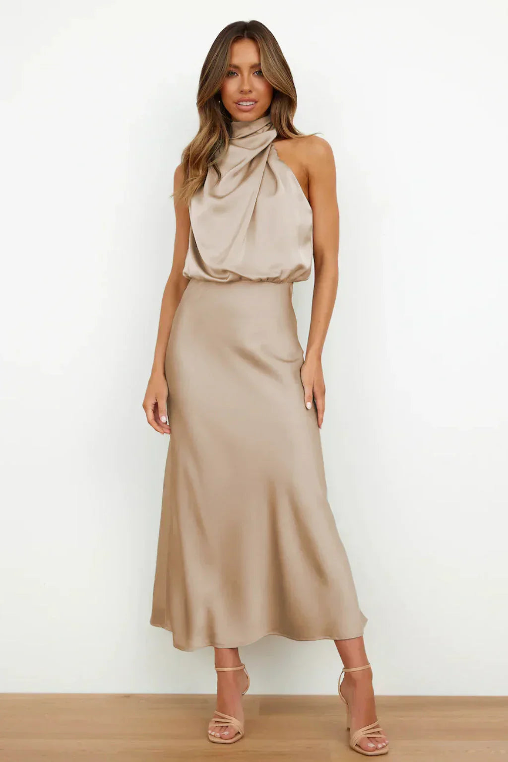 Draped Halter Satin Midi Dress