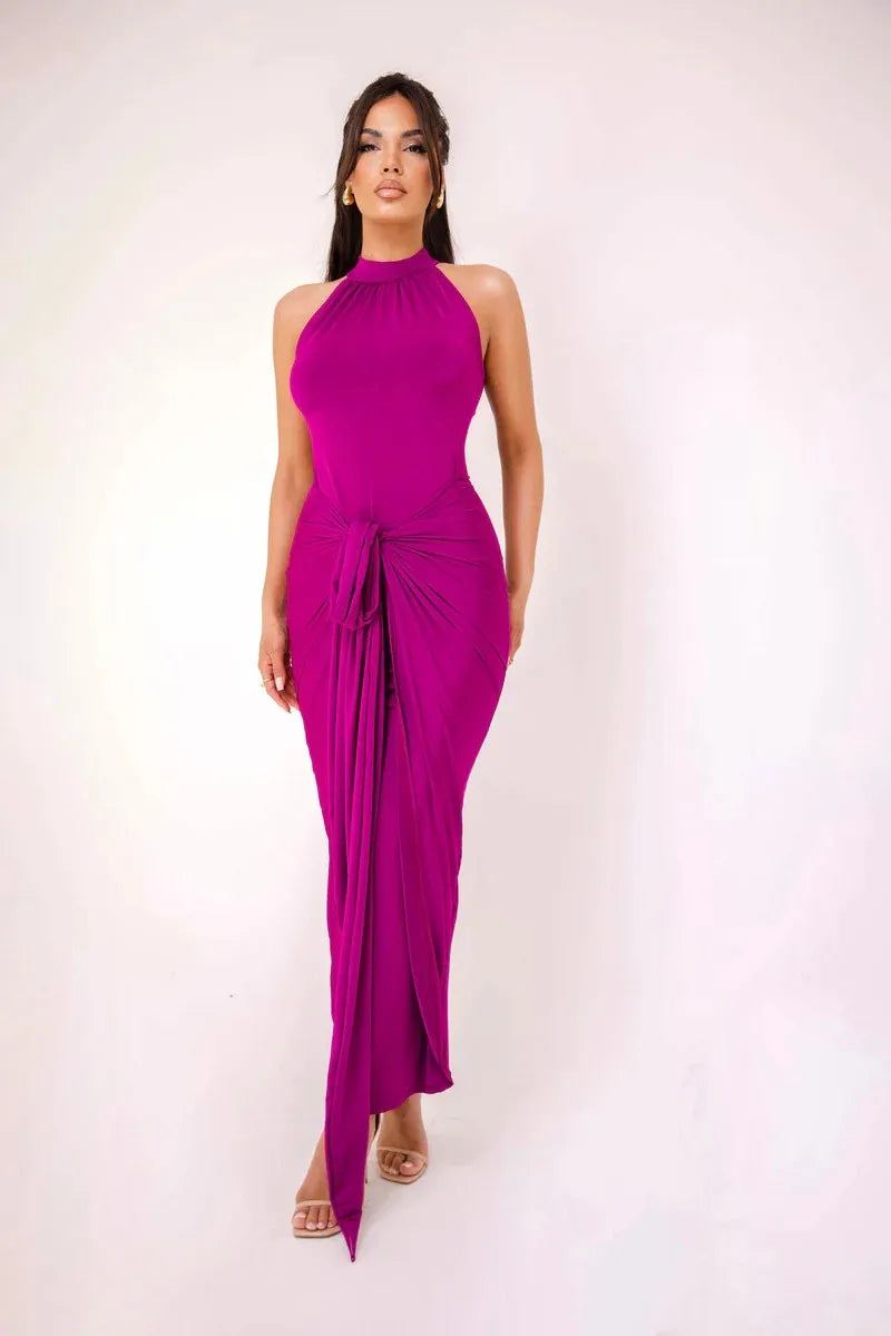 Halter Tie Front Drape Gown