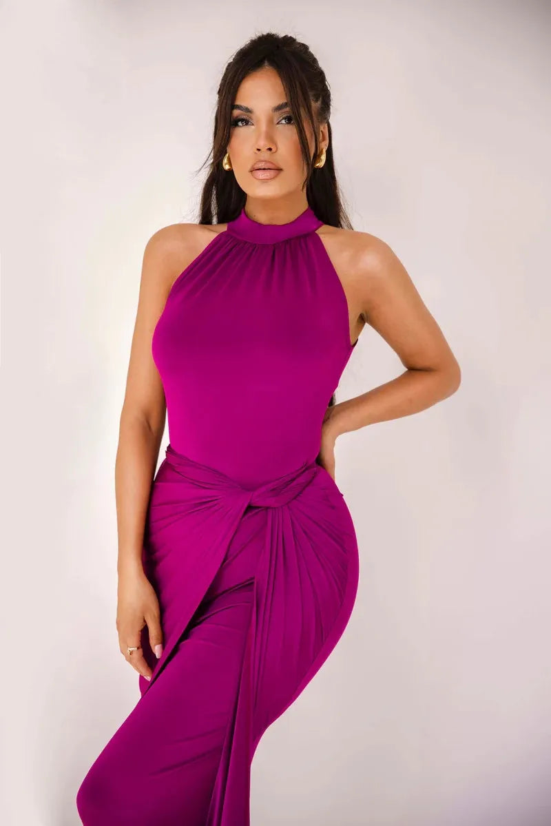 Halter Tie Front Drape Gown