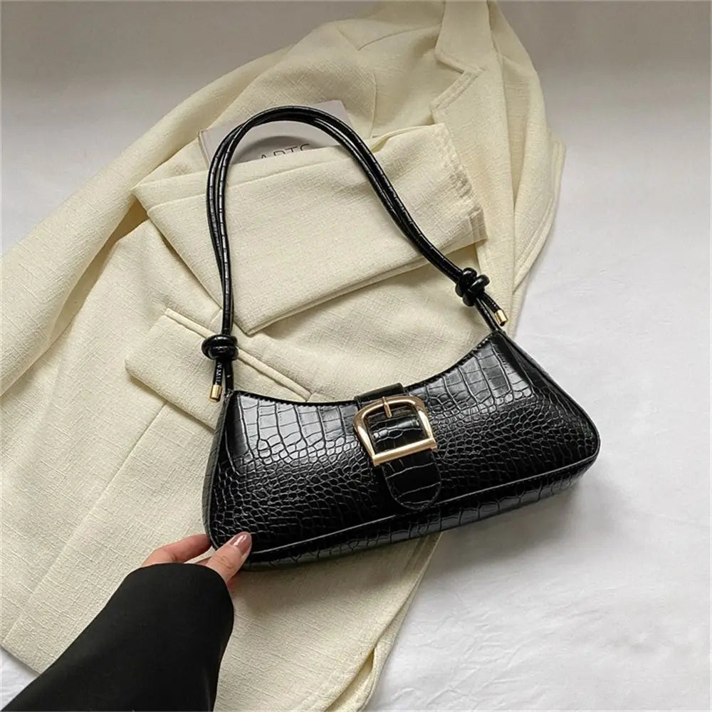 Croc-Effect Buckle Shoulder Bag