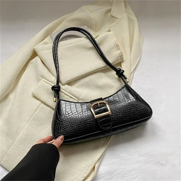 Croc-Effect Buckle Shoulder Bag