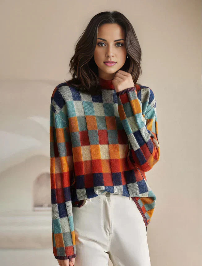 Colorblock Plaid Turtleneck Knit Sweater