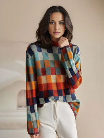Colorblock Plaid Turtleneck Knit Sweater