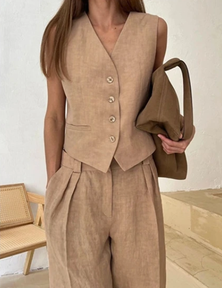 Sleeveless Linen Vest and High-Waisted Trousers Set