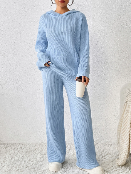 Hooded Long Sleeve Top and Wide Leg Pants Set