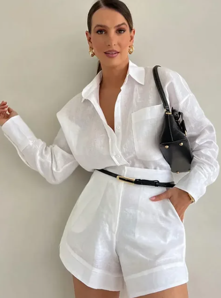 Long Sleeve Button Shirt and Tailored Shorts Set