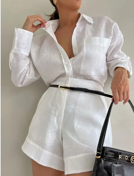 Long Sleeve Button Shirt and Tailored Shorts Set