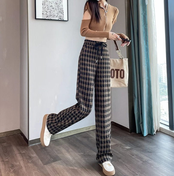 High Waist Straight Leg Plaid Trousers