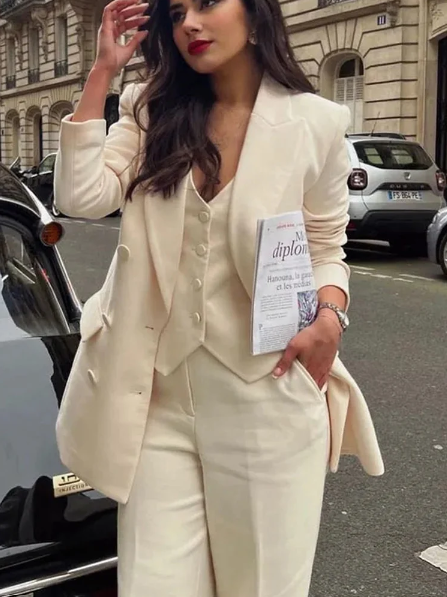 Linen Blazer, Vest and Wide Leg Trousers Set