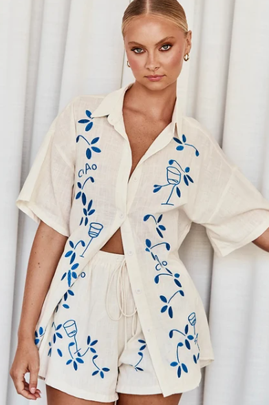 Embroidered Linen Shirt and Tie Waist Shorts Set