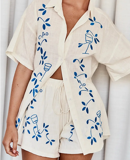 Embroidered Linen Shirt and Tie Waist Shorts Set