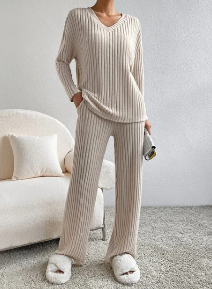 Long Sleeve V-Neck Top and Relaxed Pants Set