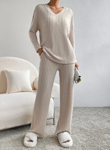 Long Sleeve V-Neck Top and Relaxed Pants Set