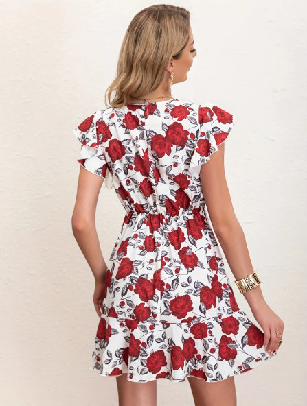 Floral Flutter Sleeve Fit-and-Flare Dress