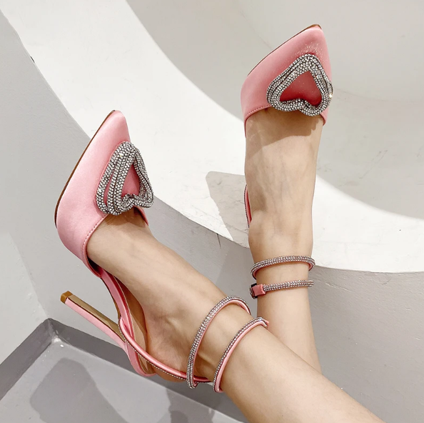 Satin Heart Ankle Strap Heels