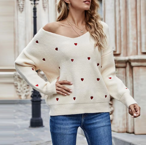 Heart Pattern Knit V-Neck Sweater