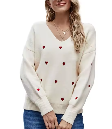 Heart Pattern Knit V-Neck Sweater