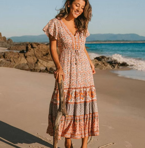 Boho Print Tiered Midi Dress