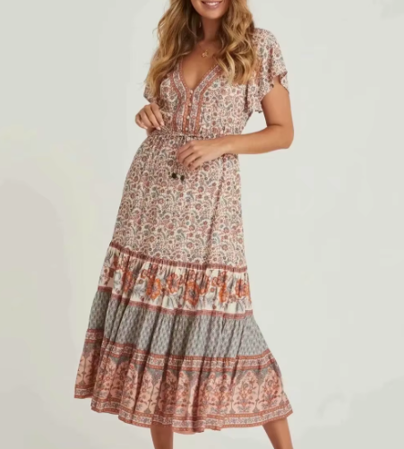 Boho Print Tiered Midi Dress