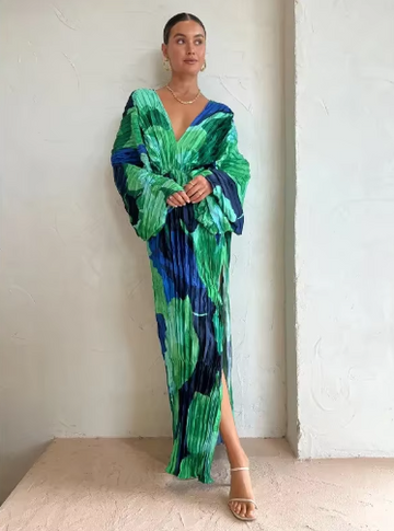 Green and Blue Pleated Kaftan Dress